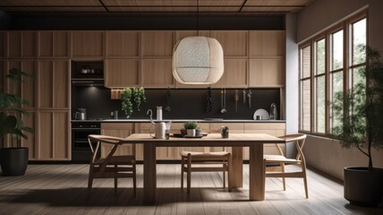 Modern trendy all wood kitchen and dining area japandi style. Natural wood floor, wooden facades, dining table and chairs, wicker lampshades. Large panoramic windows with garden view. Generative AI