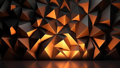 A beautiful 3D background with a textured wall with voluminous golden brown triangles and smooth podium