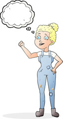 freehand drawn thought bubble cartoon woman in dungarees