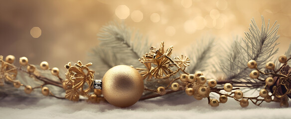 Christmas tree branches decorated with golden toys on a golden background, banner, Christmas card. Generative AI