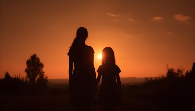 Silhouette of a mother and daughter watch the sunset in the desert field. Generative AI