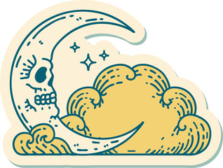 sticker of tattoo in traditional style of a skull crescent moon and clouds