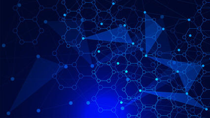 Abstract technology background with hexagons and connecting dots and lines. Big data visualization, network connection and global communication concept.