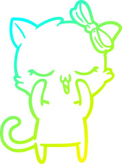 cold gradient line drawing of a cartoon cat with bow on head
