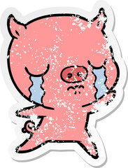 distressed sticker of a cartoon pig crying