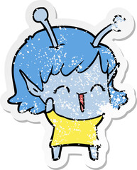 distressed sticker of a cartoon alien girl laughing