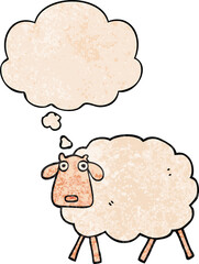 cartoon sheep with thought bubble in grunge texture style