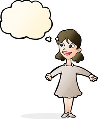 cartoon woman with open arms with thought bubble