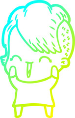 cold gradient line drawing of a cartoon happy hipster girl