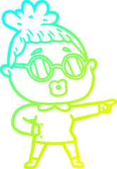 cold gradient line drawing of a cartoon pointing woman wearing spectacles