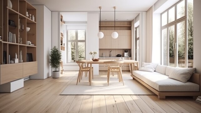 Spacious modern Scandinavian living room with dining area. Wooden furniture and flooring, light textiles, beige carpet, large panoramic windows. Light natural colors. Generative AI