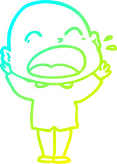 cold gradient line drawing of a cartoon shouting bald man