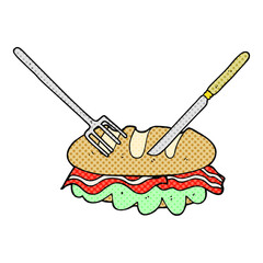 freehand drawn comic book style cartoon knife and fork cutting huge sandwich