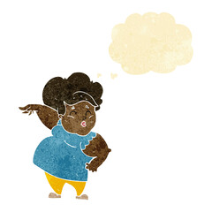 cartoon happy overweight lady with thought bubble