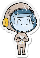 distressed sticker of a happy cartoon astronaut man