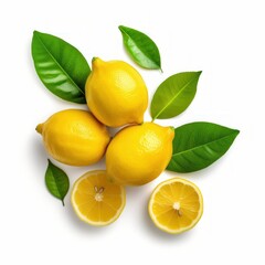 Fresh organic yellow lemon fruit with slice and green leaves. Generative AI