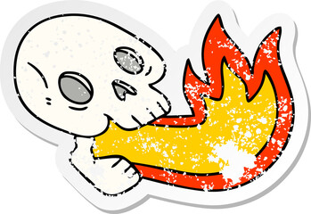 distressed sticker of a fire breathing quirky hand drawn cartoon skull
