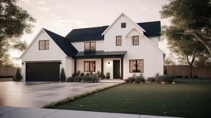 Large modern two-storey country house in European Scandinavian style with white siding walls and black roof. Neatly trimmed lawn, decorative bushes, bright morning light. Generative AI