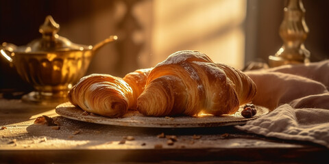 Fototapeta na wymiar Leckeres frisches Hörnchen Croissant im weichen Sonnenlicht serviert, ai generativ