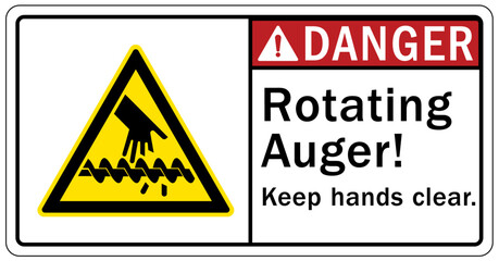 Rotating equipment hazard sign and labels rotating auger, keep hand clear