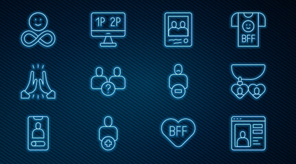 Set line Dating app online, Necklace with heart shaped, Family photo, Complicated relationship, Informal greeting, Friends forever, Loss of friend and Computer monitor screen icon. Vector