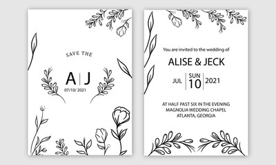 Minimalist wedding invitation card template design, floral black line art ink drawing with square frame on light grey