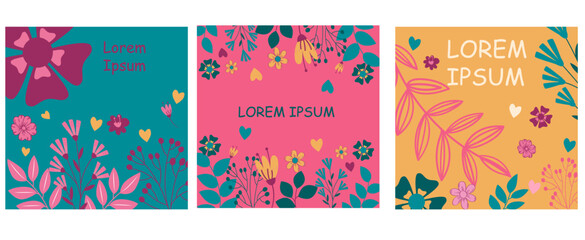 Set of universal hand drawn floral template for cover. Home decor, backgrounds, cards. Children abstract and floral design in doodle style. 