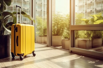 yellow suitcase sitting at the end of a hallway Generative AI