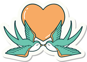 Obraz premium sticker of tattoo in traditional style of swallows and a heart
