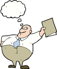 cartoon happy boss with file with thought bubble