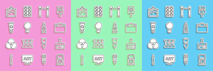 Set line Paint bucket, brush, Graphic tablet, Exhibition of paintings, Light bulb, Tube with palette, Picture landscape and icon. Vector