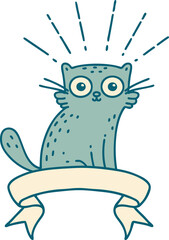 scroll banner with tattoo style surprised cat