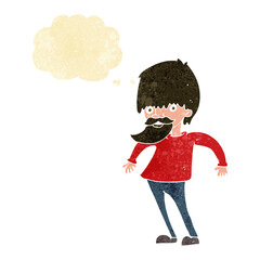 cartoon bearded man shrugging shoulders with thought bubble