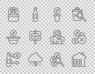 Set line Reception of glass bottles, House with dollar, Donation money, Cloud rain, Sleeping bag, Work search, Search for and No icon. Vector