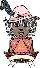 Retro Tattoo Style elf bard with natural twenty dice roll