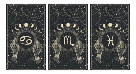 Cancer, scorpio, pisces, water astrological signs of the zodiac on a black background, a set of vintage cards for stories, boho banner with horoscope symbols. Modern vector illustration. © Salomi art