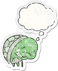 cute cartoon old turtle with thought bubble as a distressed worn sticker