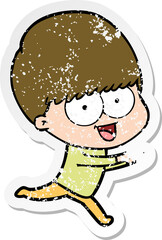 distressed sticker of a happy cartoon boy running