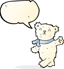 cartoon waving teddy polar bear with speech bubble