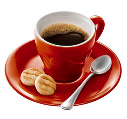 xícara vermelha com café expresso fresco acompanhado de biscoito assado isolado em fundo...