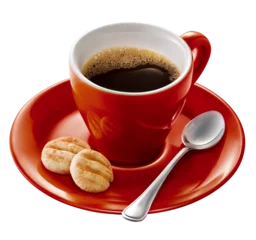 Fotobehang Koffie xícara vermelha com café expresso fresco acompanhado de biscoito assado isolado em fundo transparente