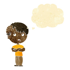 cartoon boy with growth on head with thought bubble
