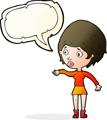 cartoon concerned woman reaching out with speech bubble