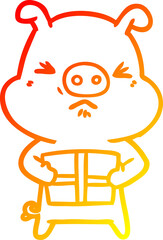 warm gradient line drawing of a cartoon angry pig with christmas present
