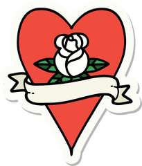 sticker of tattoo in traditional style of a heart rose and banner