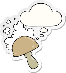 cartoon mushroom with spore cloud with thought bubble as a printed sticker