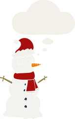 cartoon snowman with thought bubble in retro style