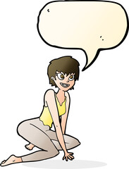 cartoon happy woman sitting on floor with speech bubble
