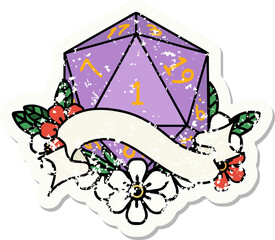 grunge sticker of a natural one d20 dice roll