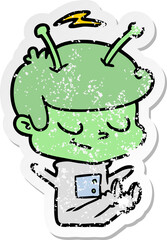 distressed sticker of a friendly cartoon spaceman